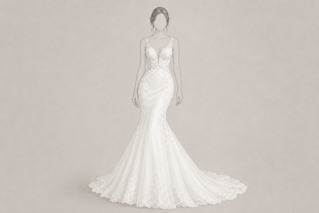 H2: Fit & Flare – Weiblich, modern und elegant

Die Fit-&-Flare-Silhouette verbindet eine feminine Linienführung mit angenehmem Tragekomfort. Das Kleid liegt vom Oberkörper bis über die Hüfte körpernah an und weitet sich erst anschließend sanft nach außen. Dadurch werden die natürlichen Kurven betont, ohne so eng anzuliegen wie ein klassisches Meerjungfrauenkleid.

Viele Bräute entscheiden sich für Fit & Flare, weil dieser Schnitt elegant wirkt und gleichzeitig genügend Bewegungsfreiheit bietet. Er unterstreicht die Taille, formt eine harmonische Silhouette und eignet sich sowohl für moderne als auch für romantische Hochzeiten.
Für wen eignet sich Fit & Flare?

Besonders schön wirkt diese Silhouette bei Bräuten, die ihre Figur betonen möchten. Vor allem Sanduhrfiguren kommen mit diesem Schnitt hervorragend zur Geltung. Aber auch viele athletische Figuren profitieren davon, da Fit & Flare eine feminine Taille zaubert.

Durch hochwertige Stoffe wie Crêpe, Spitze oder fließenden Tüll entsteht ein eleganter Look, der weder überladen noch zu schlicht wirkt.
Meine Erfahrung aus der Boutique

Viele Bräute haben zunächst Sorge, dass ein figurbetontes Kleid jede kleine Unsicherheit hervorhebt. In der Praxis zeigt sich jedoch häufig das Gegenteil. Entscheidend ist nicht die Figur, sondern die richtige Passform. Mit einer gut sitzenden Corsage, der passenden Größe und kleinen individuellen Anpassungen entsteht ein angenehmes Tragegefühl und eine wunderschöne Silhouette.
H2: Meerjungfrau – Glamour mit Wow-Effekt

Die Meerjungfrauen-Silhouette zählt zu den auffälligsten Brautkleid-Schnitten. Sie liegt eng am Körper an und erweitert sich erst ab Kniehöhe deutlich. Dadurch entsteht eine besonders elegante und glamouröse Linienführung.

Dieser Schnitt eignet sich vor allem für Bräute, die ihre Kurven bewusst in Szene setzen möchten. Gleichzeitig verlangt ein Meerjungfrauenkleid eine perfekte Passform, da jede Änderung direkten Einfluss auf den Sitz des Kleides hat.
Für wen eignet sich die Meerjungfrau?

Besonders harmonisch wirkt dieser Schnitt bei Sanduhrfiguren oder Bräuten mit ausgeglichenen Proportionen. Durch professionelle Anpassungen kann die Silhouette jedoch auch an viele andere Figuren angepasst werden.
Meine Erfahrung

Viele Bräute verlieben sich auf Fotos in ein Meerjungfrauenkleid. Während der Anprobe zeigt sich aber oft, dass Fit & Flare den ähnlichen eleganten Look bietet und gleichzeitig deutlich mehr Bewegungsfreiheit ermöglicht. Deshalb empfehle ich immer, beide Silhouetten miteinander zu vergleichen.