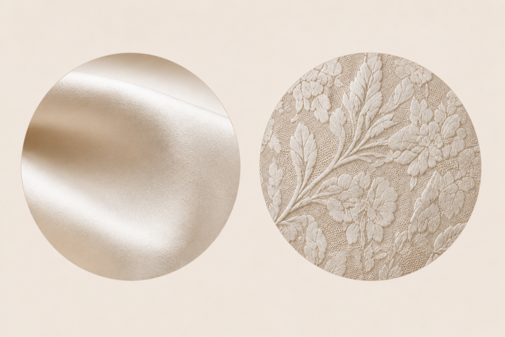 Vergleich von Satin und Jacquard-Gewebe bei Brautkleidern -Struktur und Muster im Detail