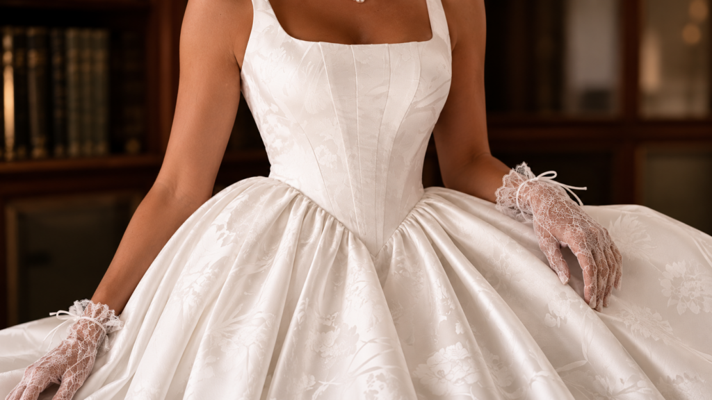 Detailaufnahme eines Jacquard-Brautkleides von Anna Sposa bei Hoffmann Braut in Beilngries