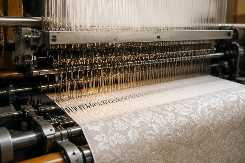 Darstellung des Webprozesses eines Jacquard-Gewebes für Hochwertige Brautkleider