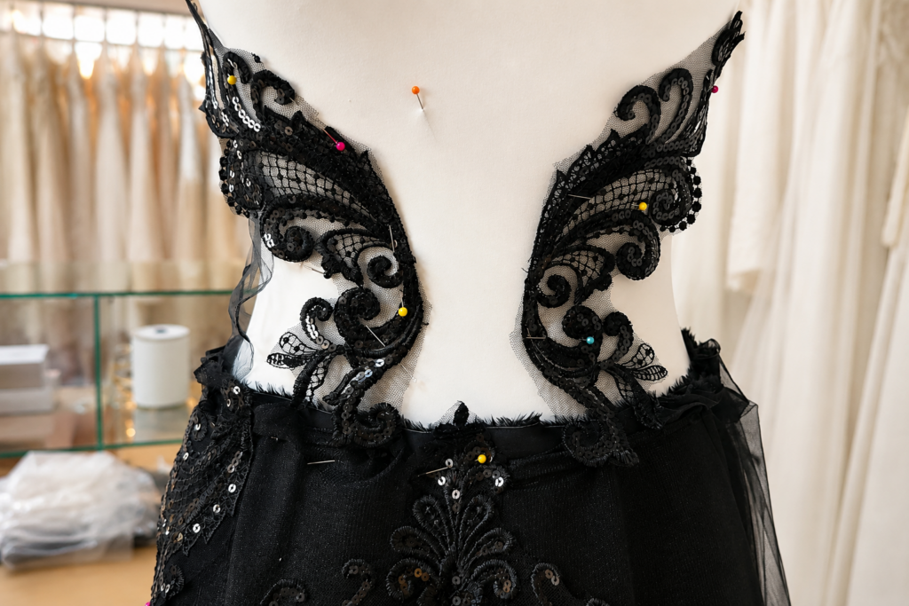 Detailaufnahme der Spitze eines schwarzen Brautkleides