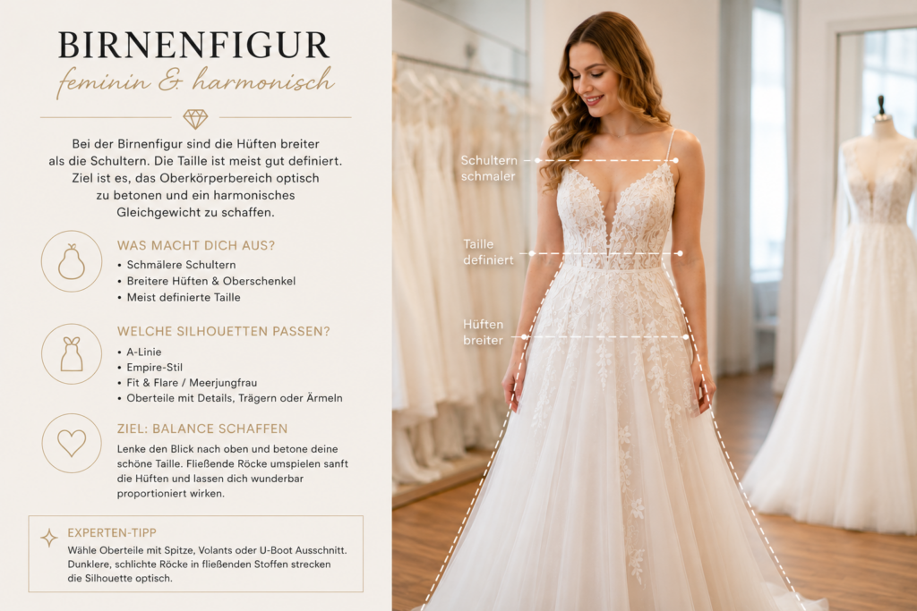 Brautkleid für die Birnenfigur - Übersicht der Körperform mit passenden Brautkleid-Silhouetten und Tipps für harmonische Proportionen