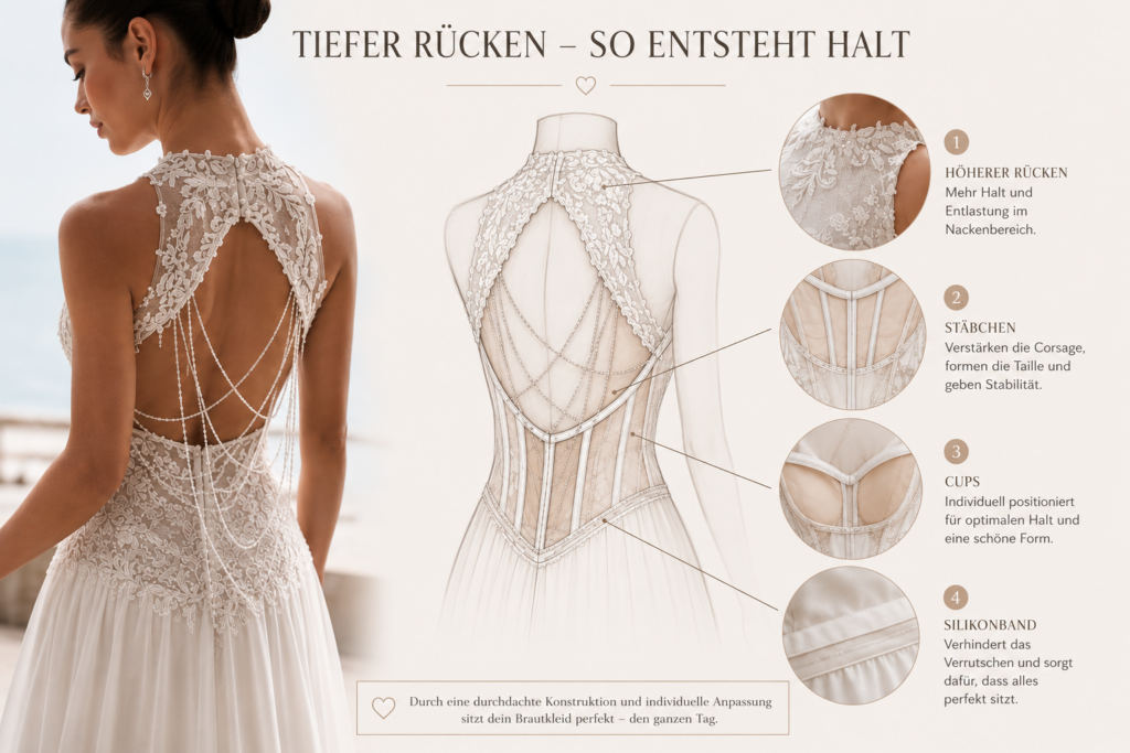 Grafische Darstellung der Konstruktion eines Brautkleides mit offenem Rücken, Stäbchen, Cups und Silikonband für mehr Halt