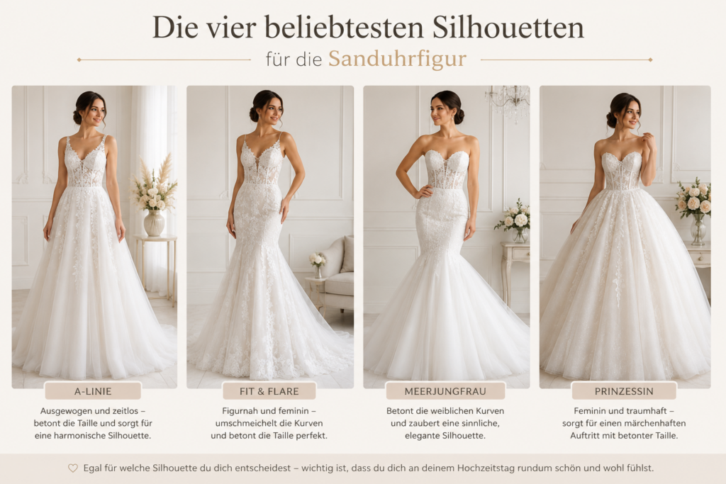 Brautkleider für die Sanduhrfigur – A-Linie, Fit & Flare, Meerjungfrau und Prinzessinnenkleid.
