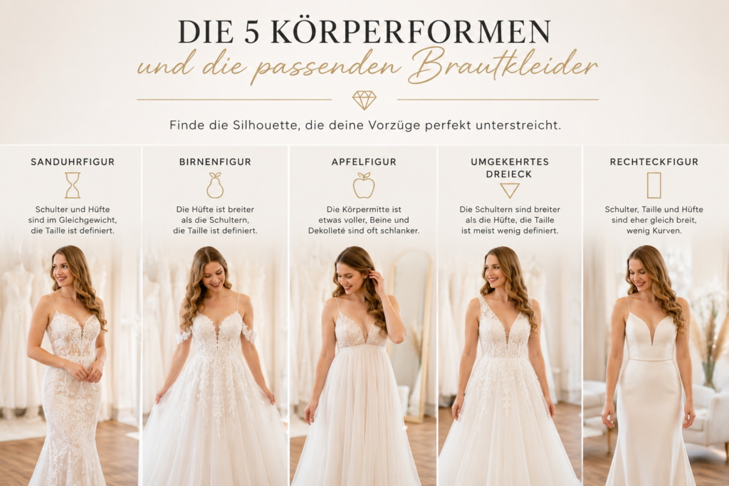 Die fünf Körperformen einer Braut – Sanduhr, Birne, Apfel, Rechteck und umgekehrtes Dreieck.